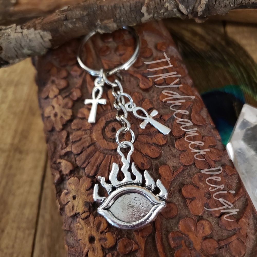 Flaming Eye ANKH Keychain Egyptian Purse Charm Protection Occult Witchy Gift
